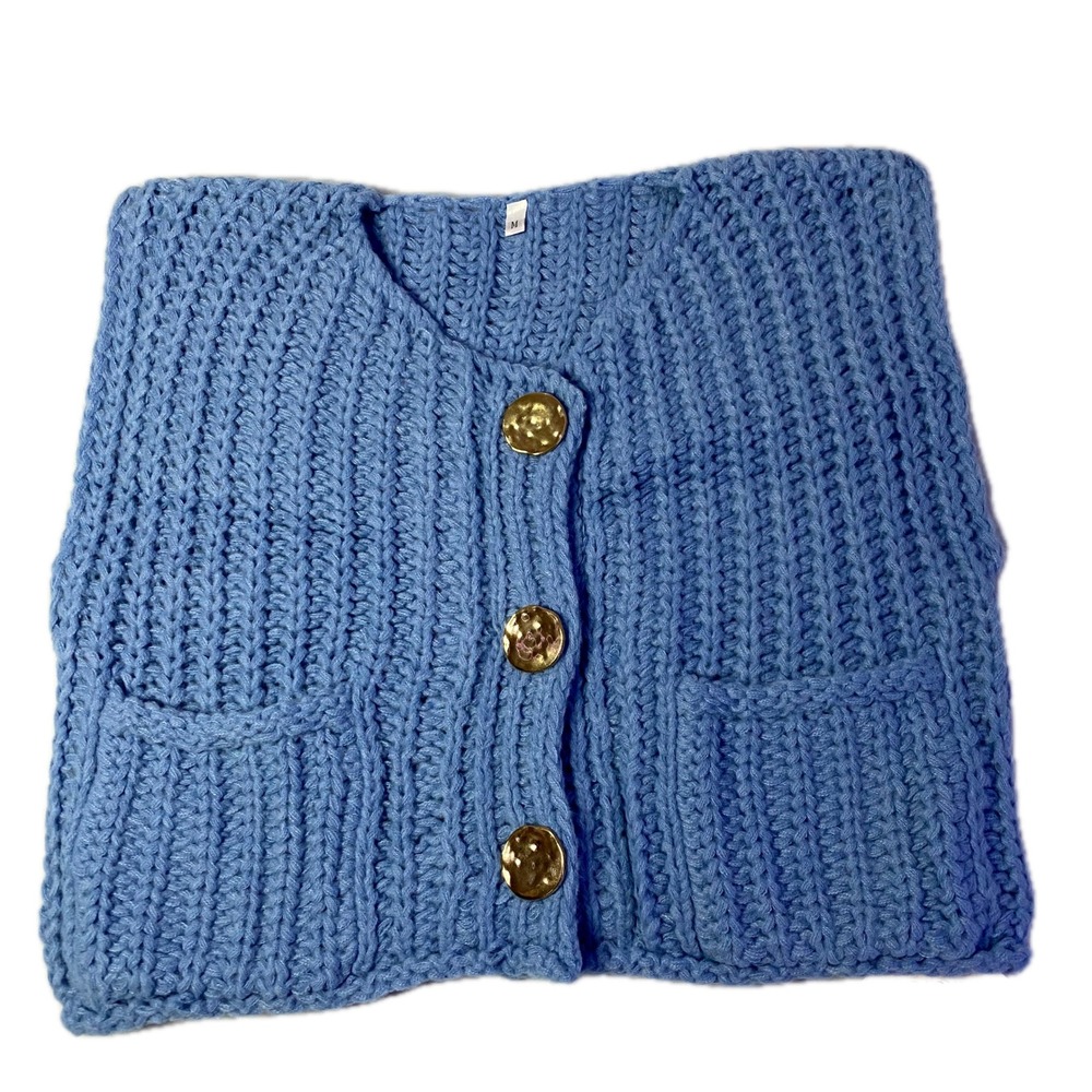 Baonmy Knit Oversized Sweater Vest Women M Blue NWT Gold Button Chunky Ribbed